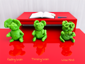 3 playdough koalas, the last one with glasses on representing the WISE mind - a DBT technique
